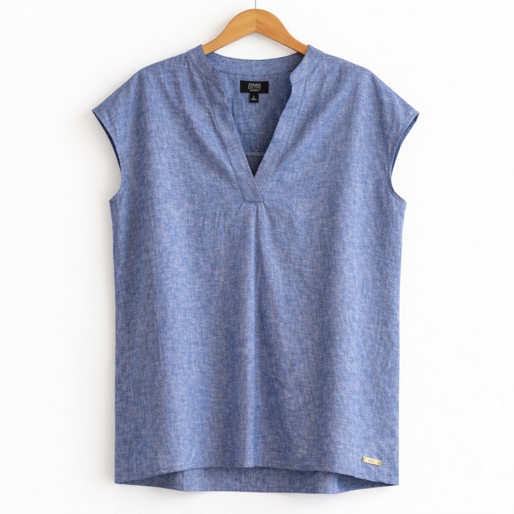 NWT Jones New York Signature Linen Blend High-Low Tunic Top Blue Size L